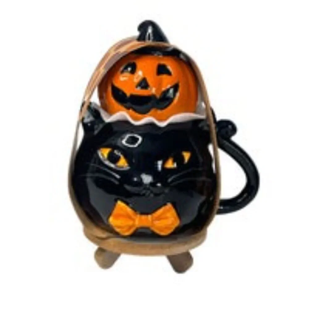Halloween Ceramic Black Cat Mug w Jack ‘O Lantern Lid by Spooky Season